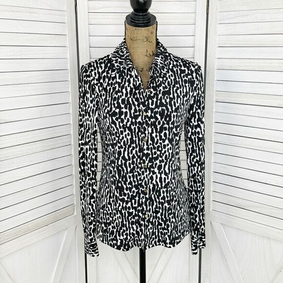 Calvin Klein Animal Print Button Front Shirt Blouse Black White XS - Picture 1 of 13